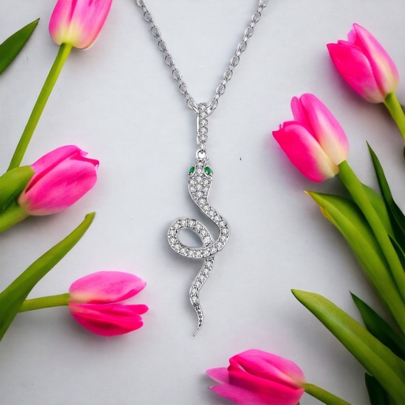 925 Sterling Silver Cubic Zirconia Snake Charm pendant Necklace with green eyes - Picture 1 of 7